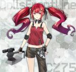  1girl asymmetrical_clothes axe bare_shoulders black_gloves breasts collarbone copyright_name cz-75_(girls_frontline) fingerless_gloves girls_frontline gloves hair_ornament hairclip hand_on_hip hiroichi holding holding_axe holding_weapon long_hair red_eyes redhead sleeveless small_breasts solo twintails very_long_hair weapon 