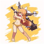  1girl ;d bangs bare_arms bare_legs bare_shoulders barefoot bikini blunt_bangs blush_stickers bow bracelet club commentary_request fang full_body hair_bow holding holding_weapon horn_bow horns huge_weapon ibuki_suika jewelry kumamoto_(bbtonhk2) long_hair looking_at_viewer low-tied_long_hair lowres navel one_eye_closed open_mouth orange_background orange_eyes orange_hair pixel_art sidelocks smile solo spiked_club standing striped swimsuit touhou two-tone_background vertical_stripes very_long_hair weapon white_bow yellow_bikini 