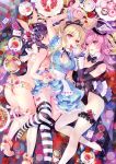  3girls absurdres alice_(wonderland) alice_(wonderland)_(cosplay) alice_in_wonderland animal_ears arm_up ass bangs bare_shoulders black_hair blonde_hair blue_scrunchie blush bow bowtie breasts butt_crack buttons cake card carnelian chair cleavage cleavage_cutout cosplay cream cup cupcake detached_collar dress eyebrows_visible_through_hair fingernails flower food fork frills fruit fur_trim gloves hair_ornament hat high_heels highres leotard light_particles long_hair looking_at_viewer lying mad_hatter mad_hatter_(cosplay) midriff mini_hat multiple_girls on_back open_mouth panties pantyhose pink_hair pocket_watch puffy_short_sleeves puffy_sleeves rabbit_ears rose scan scrunchie shoes short_dress short_sleeves shorts shorts_pull skirt skirt_lift smile strawberry striped tattoo teacup teapot thigh_strap tongue underwear violet_eyes watch white_gloves white_rabbit white_rabbit_(cosplay) 