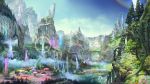  blue_sky bridge building crystal day fantasy final_fantasy final_fantasy_xiv highres landscape mountain nature no_humans official_art outdoors rainbow scenery sky tree water waterfall watermark 