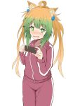  +_+ 1girl absurdres ahoge animal_ear_fluff animal_ears atalanta_(fate) bangs blonde_hair cat_ears cellphone commentary_request drooling eyebrows_visible_through_hair fate/apocrypha fate_(series) gradient_hair green_eyes green_hair hair_bobbles hair_ornament hands_up highres holding holding_cellphone holding_phone jacket long_hair long_sleeves mitchi multicolored_hair open_mouth pants phone red_jacket red_pants saliva simple_background solo track_jacket track_pants track_suit twintails_day very_long_hair white_background 