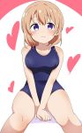  1girl absurdres breasts commentary eyebrows_visible_through_hair gochuumon_wa_usagi_desu_ka? heart highres hoto_cocoa large_breasts liyocafe looking_at_viewer orange_hair school_swimsuit sitting solo swimsuit violet_eyes white_background 