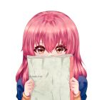  1girl arms_up artist_name blue_shirt book brown_eyes covering_mouth eyebrows_visible_through_hair hair_between_eyes highres holding holding_book itamichii_(mei-draws) koe_no_katachi long_hair long_sleeves looking_at_viewer nishimiya_shouko pink_hair shiny shiny_hair shirt simple_background solo tearing_up upper_body white_background 