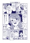  1boy 3girls :d anger_vein blush braid comic ear_blush glasses hair_tubes hakurei_reimu hand_on_own_chin hat kirisame_marisa long_hair looking_at_another medium_hair monochrome morichika_rinnosuke multiple_girls nose_blush open_mouth satou_yuuki shouting side_braid single_braid smile speed_lines sweat touhou translation_request twintails usami_sumireko v-shaped_eyebrows witch_hat 