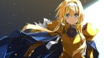  1girl alice_schuberg armor bangs blonde_hair blue_eyes breastplate cape closed_mouth eyebrows_visible_through_hair gauntlets hair_between_eyes highres long_hair looking_at_viewer pauldrons petals shikei simple_background solo sword_art_online wind 