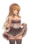  1girl bangs bare_arms bare_shoulders black_choker black_dress blonde_hair blunt_bangs blush breasts brown_dust brown_legwear choker cleavage closed_mouth commentary_request cowboy_shot dress frilled_choker frilled_cuffs frilled_dress frills head_tilt highres lace lace-trimmed_dress legs_apart long_hair looking_at_viewer maid maid_headdress medium_breasts red_eyes sidelocks simple_background skirt_hold solo standing striped thigh-highs white_background wrist_cuffs yougen_kitsune 