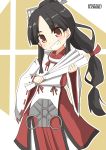  1girl black_hair brown_eyes commentary_request fan highres japanese_clothes kantai_collection long_hair long_sleeves looking_at_viewer nisshin_(kantai_collection) paper_fan pepatiku signature solo 
