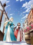  2girls barrel belt bird blonde_hair blue_eyes brown_eyes brown_hair building city dress fantasy flower from_below headdress hinoshita_akame long_hair low_ponytail multiple_girls original petals plant potted_plant seagull ship sky walking watercraft 