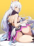  1girl absurdres ahoge arm_support ass back bare_shoulders black_legwear black_panties blush breasts celine_(honkai_impact) elbow_gloves feather_trim gimnang gloves hair_between_eyes hair_ornament herrscher_of_the_void highres honkai_(series) honkai_impact_3 huge_ass kiana_kaslana long_hair looking_at_viewer looking_back medium_breasts open_mouth panties sideboob silver_hair sitting smile solo sparkle thick_thighs thigh-highs thighs underwear very_long_hair wide_hips yellow_eyes 