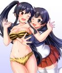  2girls agano_(kantai_collection) animal_print bikini black_hair commentary_request cowboy_shot eye_contact gradient gradient_background green_eyes hug hug_from_behind jacket kantai_collection long_hair looking_at_another multiple_girls one_eye_closed open_mouth pleated_skirt ponytail red_eyes red_skirt sidelocks skirt strapless strapless_bikini swimsuit thigh-highs tiger_print track_jacket two-tone_jacket white_background white_legwear yahagi_(kantai_collection) zanntetu 