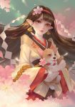  1girl absurdres alternate_skin_color brown_eyes brown_hair dog earrings flower hairband highres holding_dog japanese_clothes jewelry kimono long_hair looking_at_viewer onmyoji pink_flower red_hairband shide solo standing tiaotiaomeimei tongue tongue_out very_long_hair wide_sleeves 