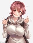 1girl alternate_costume bangs black_vest blush breasts commentary_request fangs hair_between_eyes hood hoodie juurouta kantai_collection kinu_(kantai_collection) large_breasts looking_at_viewer open_mouth orange_eyes paw_pose redhead short_hair solo vest 