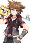  1boy arm_guards bangs belt belt_buckle black_jacket black_pants black_shirt blue_eyes brown_hair buckle chains collarbone commentary_request crown eyebrows_visible_through_hair grey_belt grin hair_between_eyes holding holding_key jacket key kingdom_hearts kingdom_hearts_iii komori_kuzuyu looking_at_viewer male_focus open_clothes open_jacket oversized_object pants shirt short_sleeves simple_background smile solo sora_(kingdom_hearts) white_background 