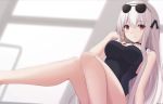  1girl bangs bare_arms bare_legs bare_shoulders black_swimsuit blurry blurry_background breasts closed_mouth commentary competition_swimsuit depth_of_field dutch_angle eyebrows_visible_through_hair eyewear_on_head girls_frontline hair_between_eyes highres kar98k_(girls_frontline) keenh large_breasts long_hair looking_at_viewer one-piece_swimsuit red_eyes signature sitting smile solo sunglasses swimsuit very_long_hair white_hair 