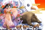  1girl black_hair boar clenched_hand egasumi floral_print flower hair_ornament hand_up highres japanese_clothes kimono long_hair macha0331 new_year obi original pink_kimono ponytail profile sandals sash smile snowman solo standing tripping white_legwear wide_sleeves 