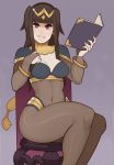  1girl bangle bangs black_hair blunt_bangs bodystocking bodysuit book bracelet breasts cape chair circlet cleavage covered_navel fire_emblem fire_emblem:_kakusei highres jewelry long_hair nail_polish nintendo sitting skin_tight smile splashbrush tharja violet_eyes 