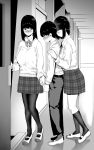  1boy 2girls black_hair blush bow breasts fuantei hand_holding indoors large_breasts long_hair monochrome multiple_girls opening_door original pantyhose plaid plaid_skirt school_uniform short_hair skirt smile standing 