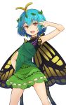  1girl antennae aqua_hair arm_up butterfly_wings commentary_request cowboy_shot dress eternity_larva eyebrows_visible_through_hair green_dress highres kakone leaf leaf_on_head looking_at_viewer oekaki open_mouth red_eyes short_hair simple_background solo touhou white_background wings 