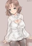  1girl absurdres arm_support azumi_(girls_und_panzer) bangs black_legwear blue_eyes blush breasts brown_background brown_hair cleavage cleavage_cutout closed_mouth commentary girls_und_panzer head_tilt highres large_breasts lips long_sleeves looking_at_viewer medium_hair meme_attire open-chest_sweater pantyhose parted_bangs ribbed_sweater seo_kichi simple_background sitting smile solo sweater turtleneck turtleneck_sweater twitter_username white_sweater 