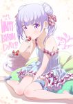  1girl 2019 ankle_ribbon barefoot between_legs blush breasts cake cleavage collarbone dated double_bun dress food fruit hair_ribbon hand_between_legs happy_birthday highres holding holding_food holding_fruit long_hair new_game! off_shoulder pink_x ribbon short_dress silver_hair sitting sleeveless sleeveless_dress small_breasts solo striped striped_ribbon suzukaze_aoba thigh_ribbon twintails vertical-striped_dress vertical_stripes violet_eyes 