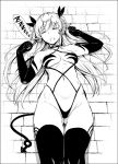  1girl ass_visible_through_thighs boots bow brick_floor comic demon_girl demon_horns demon_tail demon_wings elbow_gloves eyebrows_visible_through_hair fang gentsuki gloves greyscale groin hair_bow halterneck highres horns lily_(gentsuki) long_hair lying monochrome on_back original pointy_ears revealing_clothes sleeping solo speech_bubble succubus tail thick_eyebrows thigh-highs thigh_boots two_side_up venus_symbol wings zzz 