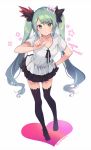  1girl :o black_legwear black_neckwear black_skirt collarbone commentary_request full_body green_eyes green_hair hair_ornament hand_on_hip hatsune_miku heart index_finger_raised leaning_forward long_hair looking_at_viewer miniskirt nagu neck_ribbon no_shoes parted_lips pleated_skirt ribbon shirt short_sleeves sidelocks simple_background skirt solo standing star thigh-highs twintails twitter_username v-shaped_eyebrows very_long_hair vocaloid wavy_hair white_background white_shirt world_is_mine_(vocaloid) zettai_ryouiki 