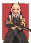  1girl artist_name assault_rifle dinergate_(girls_frontline) fang girls_frontline gun highres long_coat m4_carbine m4_sopmod_ii_(girls_frontline) pink_background pink_hair red_eyes rifle ro635_(dinergate) school_uniform sweatdrop weapon xanax025 