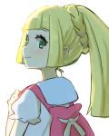  1girl absurdres backpack bag blonde_hair closed_mouth creatures_(company) from_behind game_freak green_eyes highres lillie_(pokemon) long_hair looking_back nintendo peppedayo_ne pokemon pokemon_(game) pokemon_sm ponytail shirt short_sleeves simple_background smile solo white_background white_shirt 