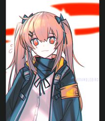  1girl :3 artist_name bandanna bangs black_bandana black_jacket black_ribbon brown_hair buttons flying_sweatdrops girls_frontline hair_between_eyes hair_ornament hair_ribbon hairpin jacket kky neck_ribbon orange_eyes pillarboxed ribbon scar scar_across_eye shirt sidelocks solo striped striped_background sweatdrop swept_bangs twintails ump9_(girls_frontline) upper_body white_background white_shirt 