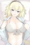  1girl :d bangs bikini blonde_hair blue_eyes blue_jacket braid breasts cleavage collarbone fate/grand_order fate_(series) front-tie_bikini front-tie_top grey_bikini hair_between_eyes hairband halter_top halterneck hands_up head_tilt highres jacket jeanne_d&#039;arc_(fate)_(all) jeanne_d&#039;arc_(swimsuit_archer) large_breasts long_hair long_sleeves looking_at_viewer lying mobu navel on_back open_clothes open_jacket open_mouth pale_color pillow single_braid smile solo stomach swimsuit undressing upper_body 