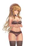  1girl bangs black_bra black_choker black_panties blonde_hair blunt_bangs blush bra breasts brown_dust brown_legwear choker closed_mouth cowboy_shot frilled_choker frills gluteal_fold head_tilt highres lace lace-trimmed_bra lace-trimmed_panties legs_apart long_hair looking_at_viewer maid_headdress medium_breasts navel own_hands_together panties red_eyes sidelocks simple_background solo standing steepled_fingers stomach thigh-highs underwear white_background yougen_kitsune 