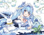  aqua_eyes aqua_hair bangs blush crown flower hair_between_eyes hair_ornament hand_on_own_cheek hatsune_miku jewelry long_hair looking_at_viewer nardack open_mouth rabbit simple_background twintails very_long_hair vocaloid white_background 