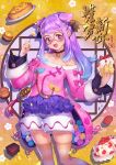  1girl :d bare_shoulders bell black_choker black_ribbon cake chinese_zodiac choker collarbone commentary_request cupcake food food_in_mouth fork fruit glasses hair_ribbon hands_up happy_new_year head_tilt highres holding holding_food holding_fork jingle_bell long_hair long_sleeves looking_at_viewer mhk_(mechamania) new_year off-shoulder_shirt off_shoulder open_mouth original pink_shirt purple_hair red-framed_eyewear ribbon round_eyewear shirt short_shorts shorts sidelocks skindentation sleeves_past_wrists smile solo strawberry striped striped_legwear thigh-highs translated two_side_up violet_eyes white_shorts year_of_the_pig yellow_legwear 