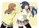  2girls :d :o \m/ ^_^ bangs black_legwear blue_hair bow bowtie brown_hair closed_eyes drop_shadow grey_skirt hair_grab kunikida_hanamaru long_hair long_sleeves love_live! love_live!_sunshine!! miniskirt multiple_girls open_mouth outline pantyhose playing_with_another&#039;s_hair pleated_skirt school_uniform serafuku side_bun skirt smile teasing thigh-highs tsushima_yoshiko umekichi uranohoshi_school_uniform v-shaped_eyebrows violet_eyes white_outline yellow_background yellow_cardigan yellow_neckwear 