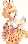  1girl absurdres animal_ear_fluff animal_ears animal_ears_(artist) bare_shoulders belt blonde_hair blush bow bowtie center_frills commentary_request cowboy_shot cross-laced_clothes elbow_gloves eyebrows_visible_through_hair gloves high-waist_skirt highres kemono_friends multicolored_hair print_gloves print_neckwear print_skirt serval_(kemono_friends) serval_ears serval_print serval_tail short_hair skirt sleeveless solo tail yellow_eyes 
