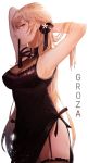  1girl armpits arms_behind_head bangs black_dress black_gloves black_legwear blonde_hair breasts character_name cizzi cleavage cowboy_shot dress eyebrows_visible_through_hair garter_straps girls_frontline glint glove_in_mouth gloves hair_ribbon highres jewelry light_particles long_hair looking_at_viewer mole mole_on_breast mouth_hold necklace orange_eyes ots-14_(girls_frontline) ribbon sidelocks simple_background skindentation solo thigh-highs thighs very_long_hair white_background 