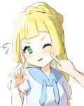  1girl absurdres blonde_hair cheek_poking creatures_(company) game_freak green_eyes highres lillie_(pokemon) long_hair nintendo one_eye_closed open_mouth peppedayo_ne pokemon pokemon_(game) pokemon_sm poking ponytail shirt short_sleeves simple_background upper_body white_background white_shirt 