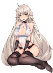  1girl ahoge bare_shoulders black_legwear blush eyebrows_visible_through_hair fate/grand_order fate_(series) hair_between_eyes halterneck highres jeanne_d&#039;arc_(alter)_(fate) jeanne_d&#039;arc_(fate)_(all) jewelry long_hair looking_at_viewer mutsu_ane_daisuki necklace open_mouth royal_icing simple_background solo white_background 