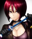  1girl black_gloves breasts choker cleavage gloves hair_between_eyes highres large_breasts long_sleeves looking_at_viewer military military_uniform okyou parted_lips redhead short_hair smile solo the_king_of_fighters uniform upper_body violet_eyes whip whip_(kof) 