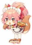  1girl alternate_costume animal_ear_fluff animal_ears apron bell bell_collar blush breasts cat_paws collar enmaided fangs fate/grand_order fate_(series) food fox_ears fox_girl fox_tail gloves hair_ribbon jingle_bell large_breasts long_hair maid maid_apron maid_headdress omelet paw_gloves paw_shoes paws pink_hair ponytail red_ribbon ribbon shoes simple_background solo tail tamamo_(fate)_(all) tamamo_cat_(fate) toko_yoshi waist_apron white_background 