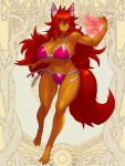  1girl abs animal_ears bikini breasts dairoku_youhei dark_skin fox_ears fox_girl fox_tail full_body huge_breasts long_hair looking_at_viewer muscle muscular_female redhead snail8 solo swimsuit tail very_long_hair wide_hips yellow_eyes 