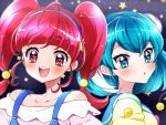  2girls :d :o ahoge blue_eyes blue_hair blush collarbone commentary_request eyebrows_visible_through_hair hagoromo_lala hair_bobbles hair_ornament hoshina_hikaru kagami_chihiro looking_at_viewer multiple_girls open_mouth precure red_eyes redhead short_hair smile star star-shaped_pupils star_twinkle_precure starry_background symbol-shaped_pupils twintails upper_body 