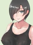  1girl absurdres bare_shoulders black_eyes black_hair blush breasts closed_mouth collarbone erect_nipples fang_out hair_over_one_eye hataraku_saibou highres large_breasts lips looking_at_viewer nk_cell_(hataraku_saibou) shirt short_hair simple_background solo tank_top upper_body wet wet_clothes wet_hair wet_shirt white_background ying_jing_meng 
