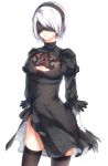  1girl arm_behind_back black_blindfold black_dress black_hairband black_legwear blindfold breasts cleavage_cutout commentary covered_eyes dress feather-trimmed_sleeves g4265059 gloves hairband highres juliet_sleeves large_breasts long_sleeves mole mole_under_mouth nier_(series) nier_automata puffy_sleeves short_hair silver_hair simple_background solo standing thigh-highs white_background yorha_no._2_type_b 