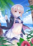  1girl akazateri apron artoria_pendragon_(all) artoria_pendragon_(swimsuit_rider_alter) beach bikini black_bikini black_skirt blonde_hair blue_sky bow braid breasts brown_eyes clouds crown_braid fate/grand_order fate_(series) flower food frills frown hair_bow holding holding_food long_sleeves looking_at_viewer maid_bikini maid_headdress navel open_clothes outdoors palm_tree popsicle ribbon short_hair skirt sky solo standing swimsuit tree yellow_eyes 