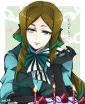  1girl artist_name birthday black_gloves black_lipstick bow brown_hair cake candle chains dated elbow_gloves eyeshadow food fruit gloves green_eyes green_hair hair_ribbon heart highres kiraki lipstick long_hair looking_at_viewer makeup multicolored_hair phara_suyuf puffy_sleeves ribbon senki_zesshou_symphogear smile solo strawberry striped translated two-tone_hair upper_body 