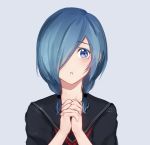  1girl :o black_shirt blue_eyes blue_hair collarbone commentary_request eyebrows_visible_through_hair face g4265059 grey_background hair_over_one_eye hair_over_shoulder hands kirishima_touka looking_at_viewer no_nose one_eye_covered red_neckwear school_uniform shirt short_hair simple_background solo tokyo_ghoul tokyo_ghoul:re twintails 