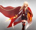  1girl b13art bike_shorts blonde_hair boots cape closed_mouth drill_hair erika_wagner hair_between_eyes highres holding holding_shield holding_sword holding_weapon long_hair long_sleeves red_eyes shield simple_background skirt solo standing sword thigh-highs twin_drills twintails under_night_in-birth under_night_in-birth_exe:late[st] weapon 