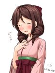  1girl blush bow brown_hair closed_eyes cocoa_(cocoa0191) dated drill_hair hair_bow hakama hands_on_own_chest harukaze_(kantai_collection) japanese_clothes kantai_collection kimono meiji_schoolgirl_uniform open_mouth pink_kimono red_bow red_eyes red_hakama simple_background smile solo twin_drills twitter_username upper_body white_background 