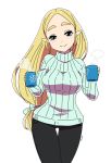  1girl alternate_costume black_pants blonde_hair breasts cowboy_shot cup curvy green_eyes holding holding_cup long_hair looking_at_viewer low-tied_long_hair medium_breasts mug nintendo pants pointy_ears princess_zelda ribbed_sweater simple_background smile solo steam sweater the_legend_of_zelda the_legend_of_zelda:_breath_of_the_wild white_background yasurou 